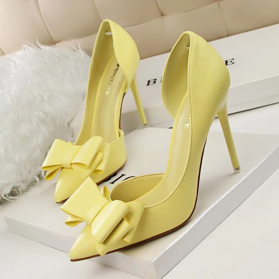 Amozae- Women Shoes Pumps 2024 PU Fashion Show Sweet Bowknot High Heels Stiletto High Heel Shallow Mouth Pointed Side Hollow Shoes