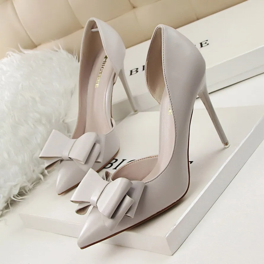 Amozae- Women Shoes Pumps 2024 PU Fashion Show Sweet Bowknot High Heels Stiletto High Heel Shallow Mouth Pointed Side Hollow Shoes