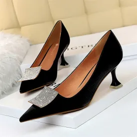 Amozae- Women Soft Leather Cat Heels 6cm Shoes Elegant Pointy Toe Metal Crystal Buckle Woman Pumps   Slim Banquet Ladies Office Shoes