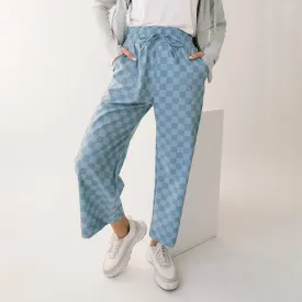 Audrey Wide Leg Pants, Blue Checkers