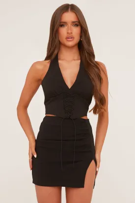 Black Lace Up Corset Detail Crop Top & Ruched Mini Skirt Co-ord Set - Georgina