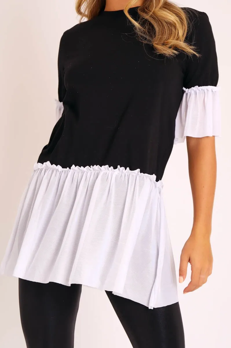 Black White Tulle Ruffle Hem T-shirt Dress - Zula