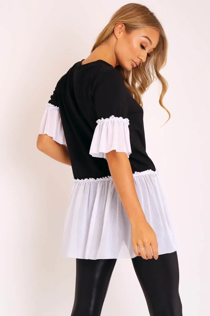 Black White Tulle Ruffle Hem T-shirt Dress - Zula