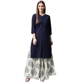 Blue 3/4Th Sleeve Cotton Kurta With White Printed Skirt