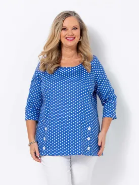 Blue Iris Pique Spot Button Top