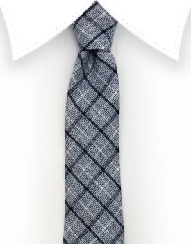 Gray and Navy Blue, Black Plaid Skinny Tie & Matching Pocket Square