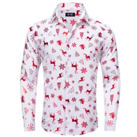 Hi-Tie White Red Christmas Deer Pine Silk Button-Down Long Sleeve Shirt