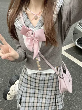 Lazy Girl Academia Sailor Collar Uniform Gray Plaid Shirt Knit Cardigan Mini Skirt Three Piece Set