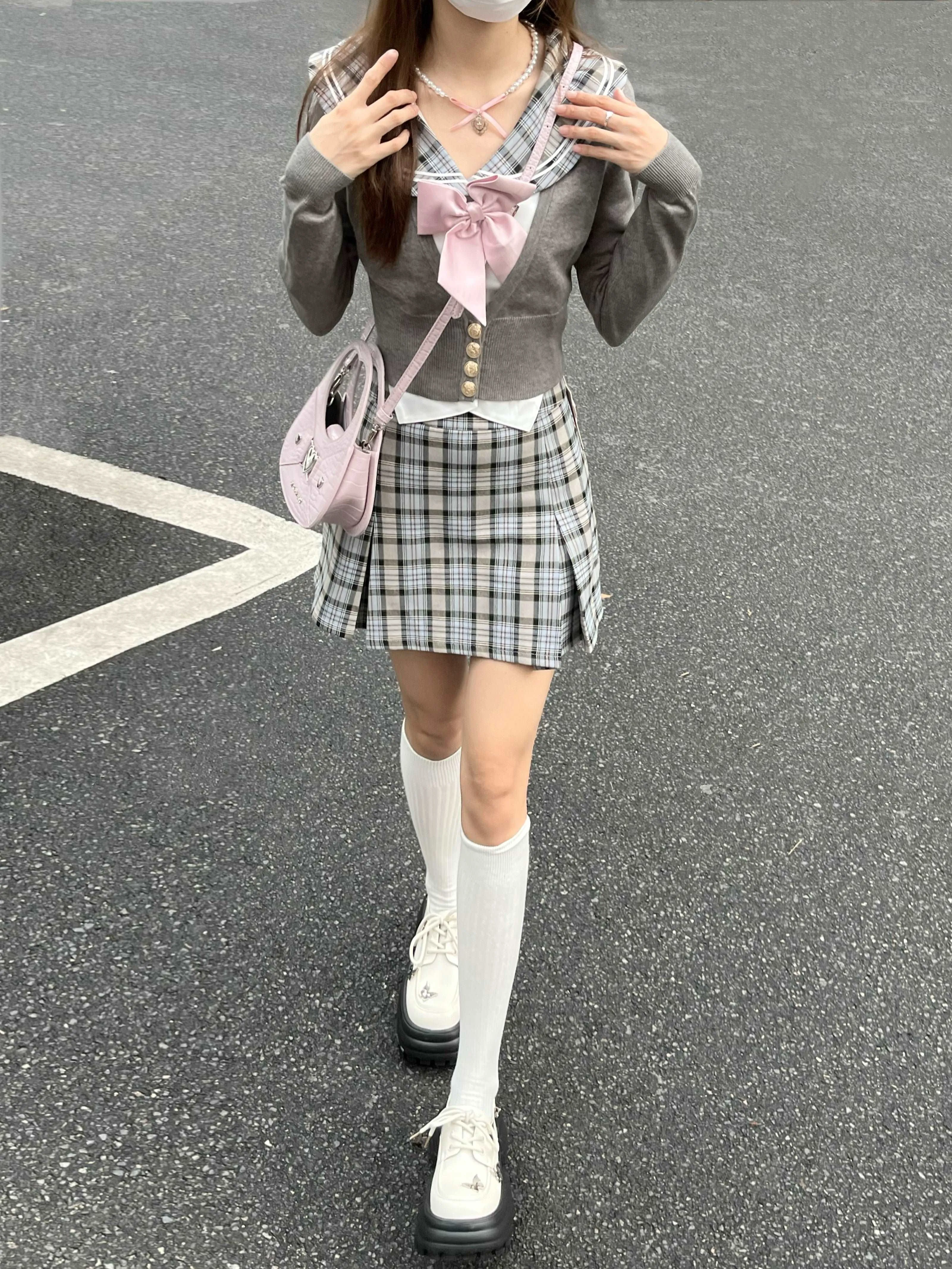 Lazy Girl Academia Sailor Collar Uniform Gray Plaid Shirt Knit Cardigan Mini Skirt Three Piece Set