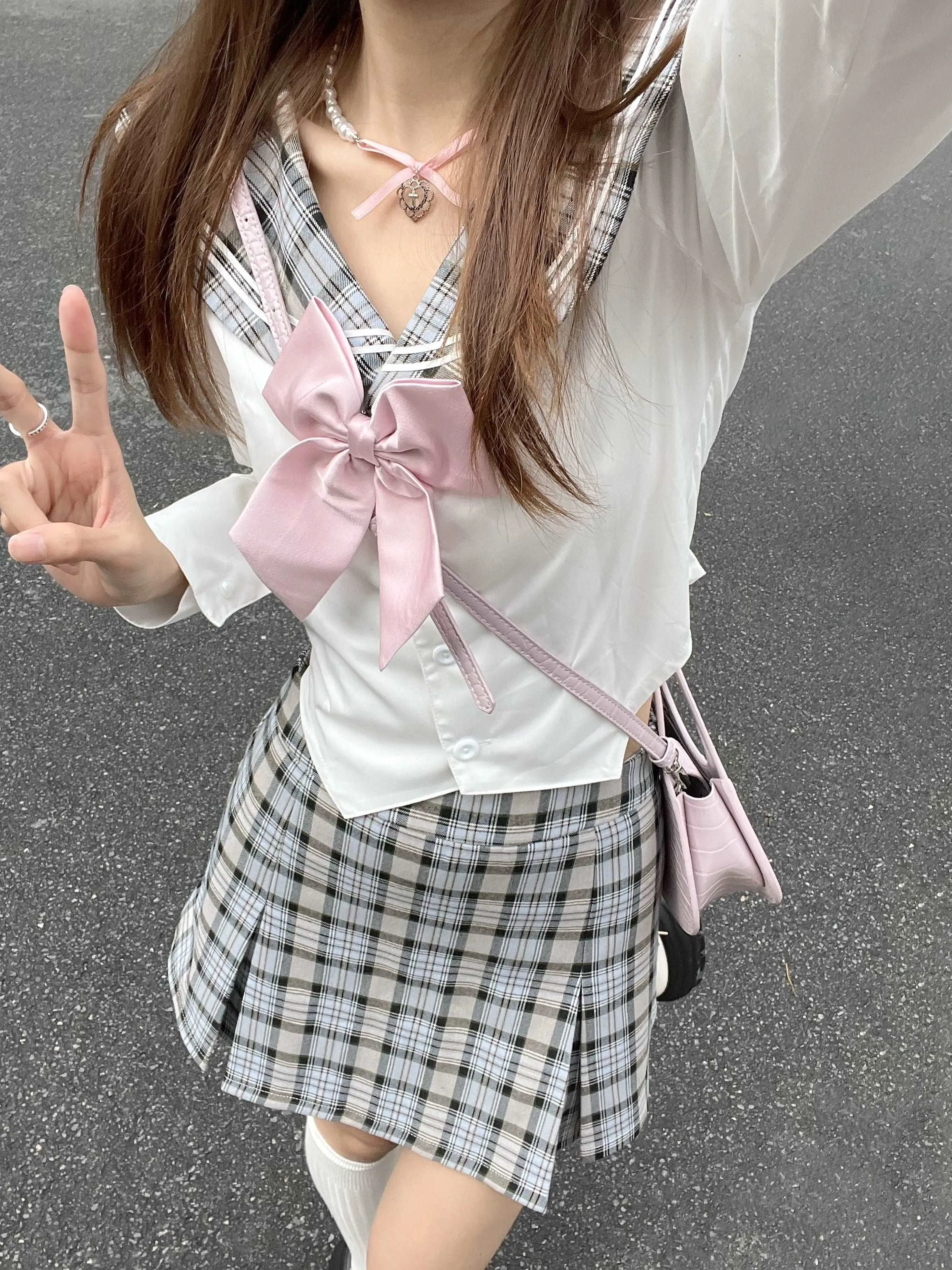 Lazy Girl Academia Sailor Collar Uniform Gray Plaid Shirt Knit Cardigan Mini Skirt Three Piece Set