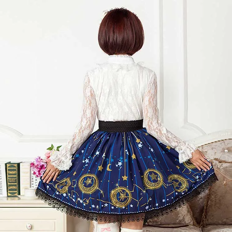 Mori Girl Blue Skater Skirt Moon and Star Printed Lady's Pleated Short Lolita Elastic Waist Skirt