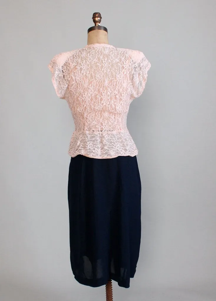 Vintage 1940s Pink Lace and Navy Rayon Dress