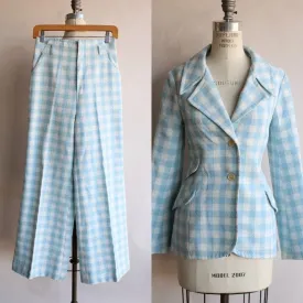 Vintage 1970s Suit ,Pants and Jacket Blue and White Check Two Piece Suit ,Jacket And Trousers Set