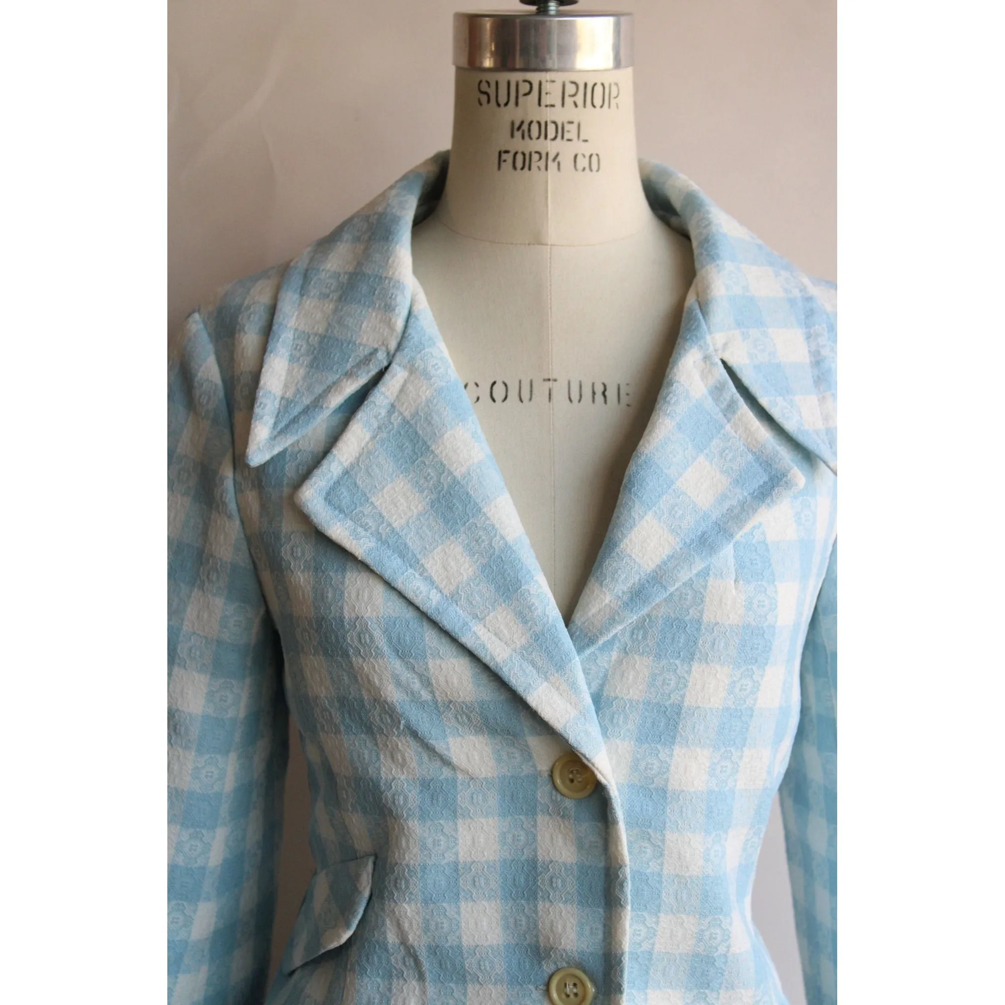 Vintage 1970s Suit ,Pants and Jacket Blue and White Check Two Piece Suit ,Jacket And Trousers Set