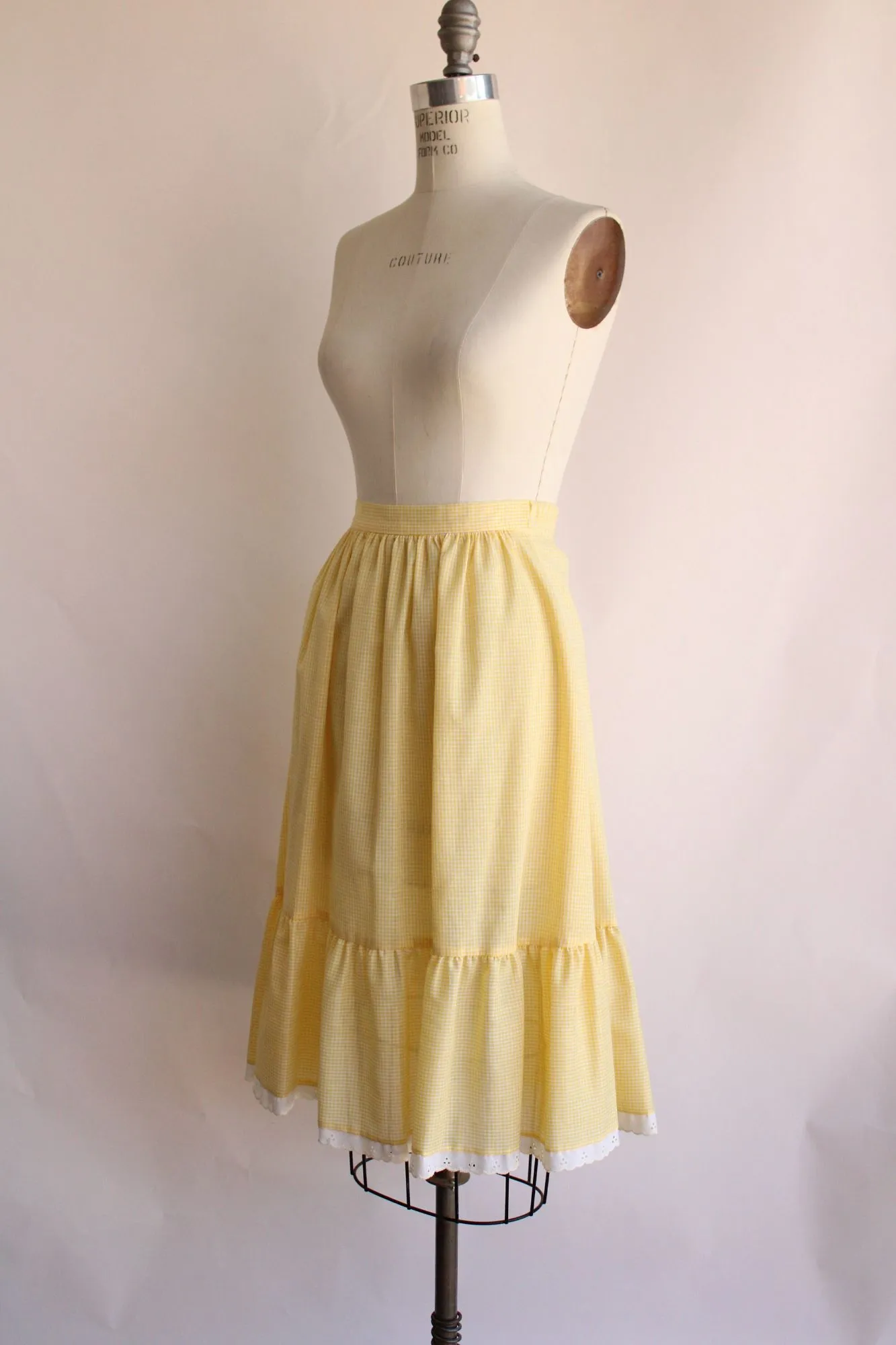 Vintage 1980s 1990s Yellow Gingham Skirt with Ruffle Hem