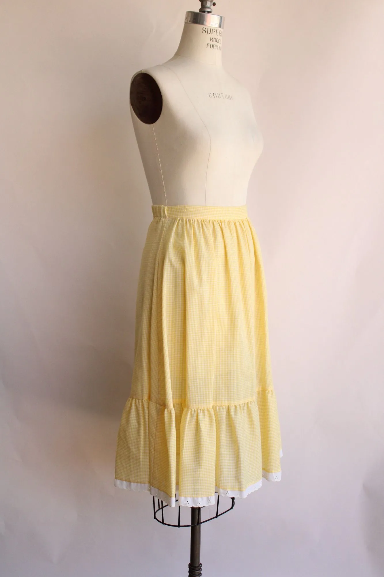 Vintage 1980s 1990s Yellow Gingham Skirt with Ruffle Hem