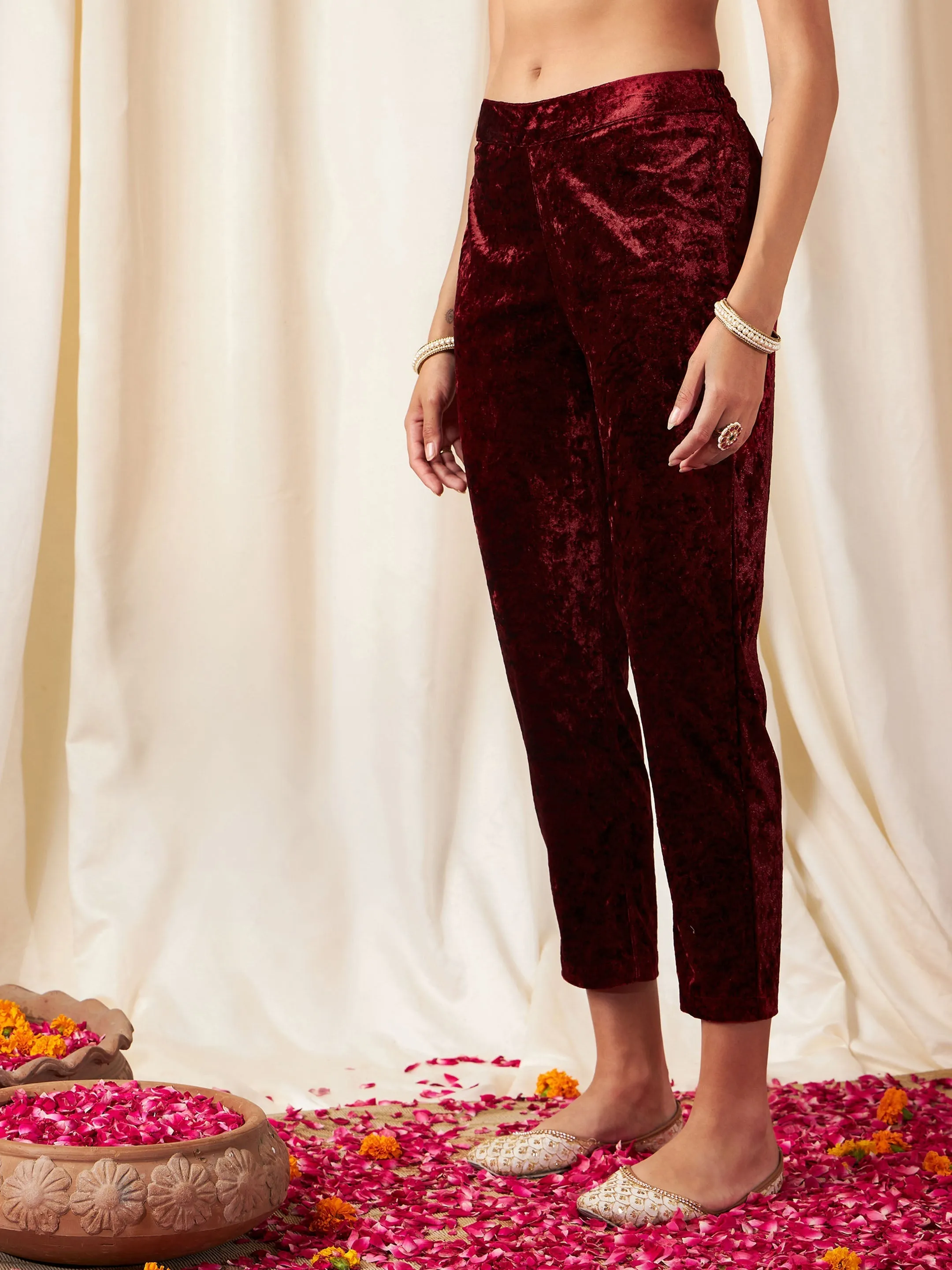 Women Maroon Velvet Pencil Pants